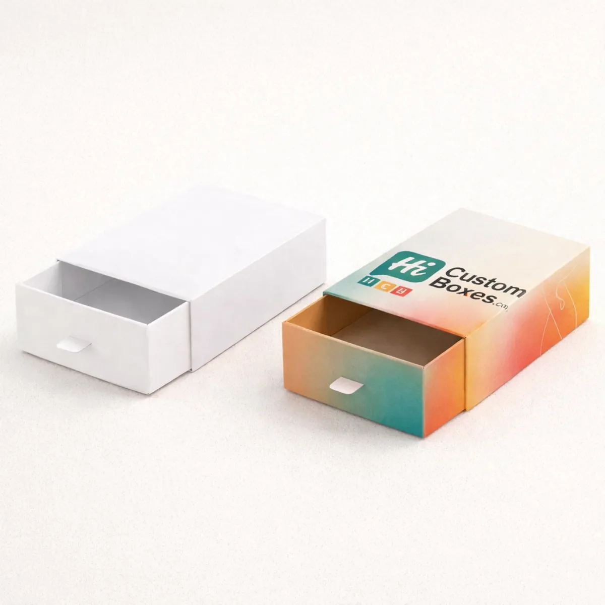 Two drawer-style slide boxes with small pull tabs- displaying a vibrant teal and orange gradient design- class=